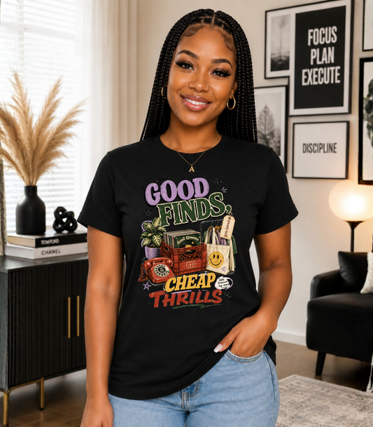 Graphic Tee:  "Good Finds, Cheap Thrills" Retro Thrift